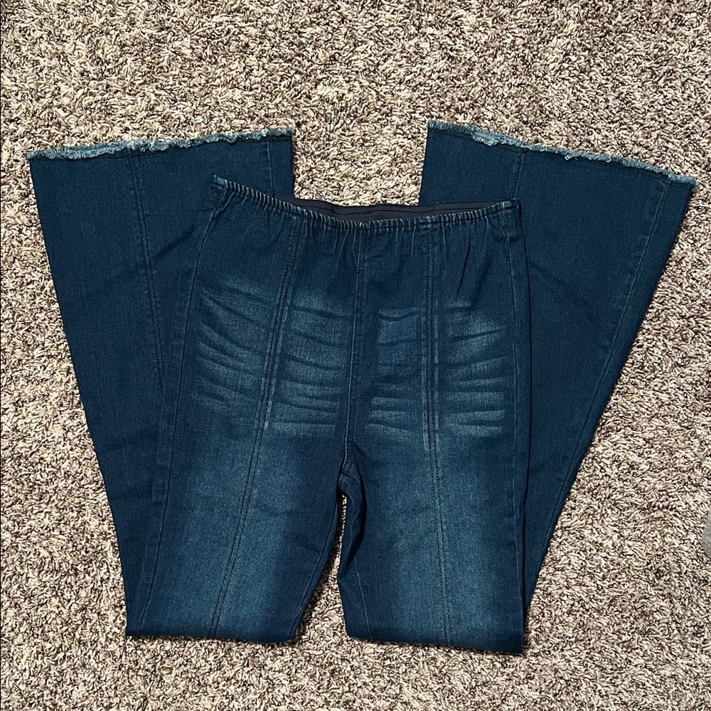 Dark Wash Flared Elastic-Waist Jeans